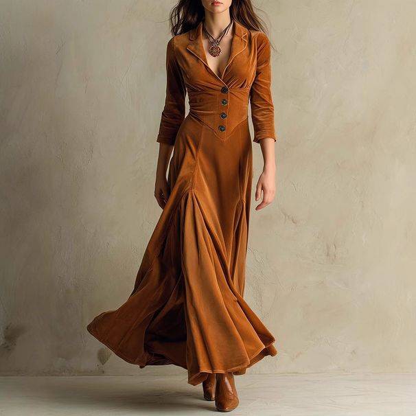 Elegant Button-Down Midi Dress With Notched Collar & 3/4 Sleeves – High Waist Flowy A-Line Skirt – Solid Brown (S-Xxl)_ecoleips.com