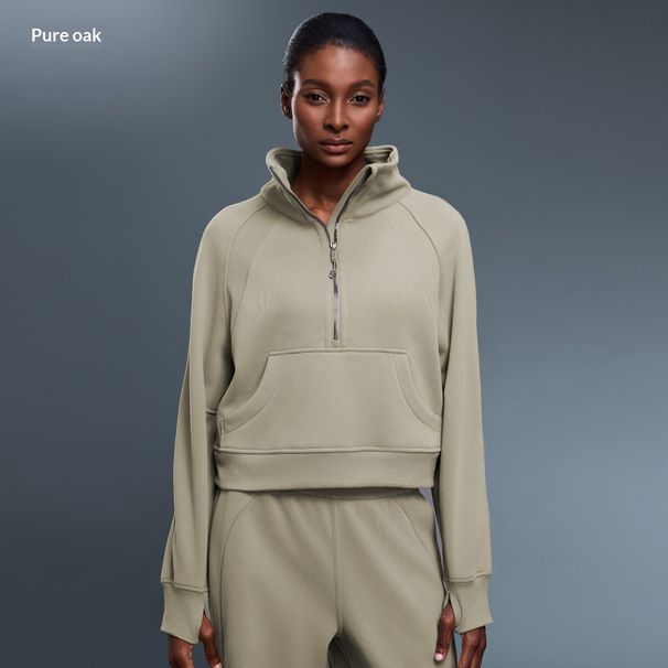 High Neck Half Zip Pullover Top, Casual Loose Fleece Lined Warm Sports Sweatshirt Jacket, Women's Short Style, D25131_ecoleips.com