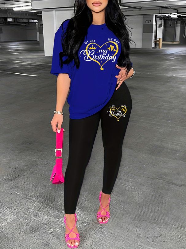 Women's Casual Loose And Fashionable Birthday Pattern Print Loose T-shirt+cropped Pants Two-piece Home Sportswear Daily Outfit-254_ecoleips.com
