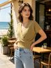 Skin-Friendly Loose Breathable V Neck Knit Short Sleeve Top_ecoleips.com