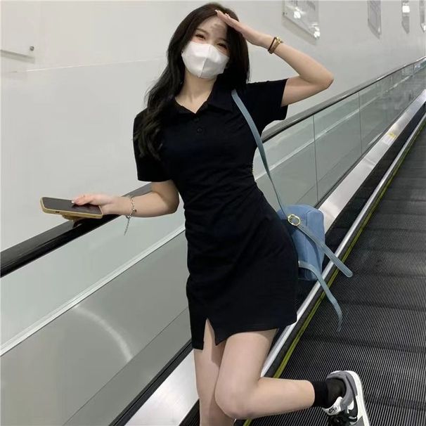 Spring Summer Collar Short Dress Women's Slim Fit High Waist A-Line Skirt Dress Sweet And Spicy Girl Ins Split Dress_ecoleips.com