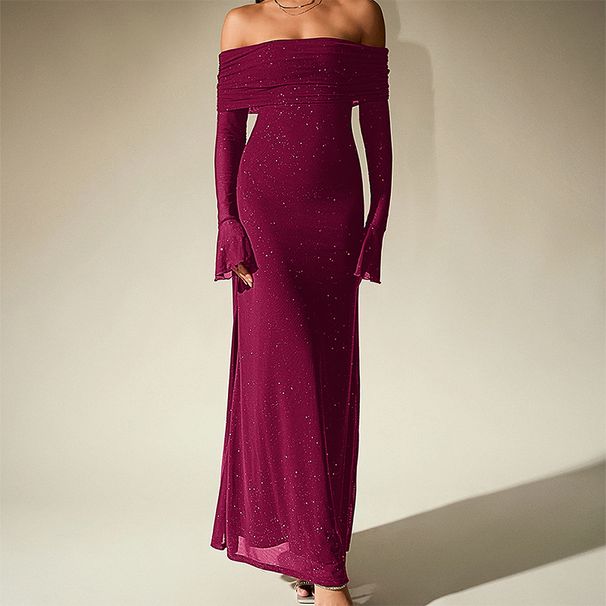 Cross-Border Foreign Trade Mesh Silver Sequin Square European And American Sexy Off-Shoulder Flared Long Sleeve Dress_ecoleips.com