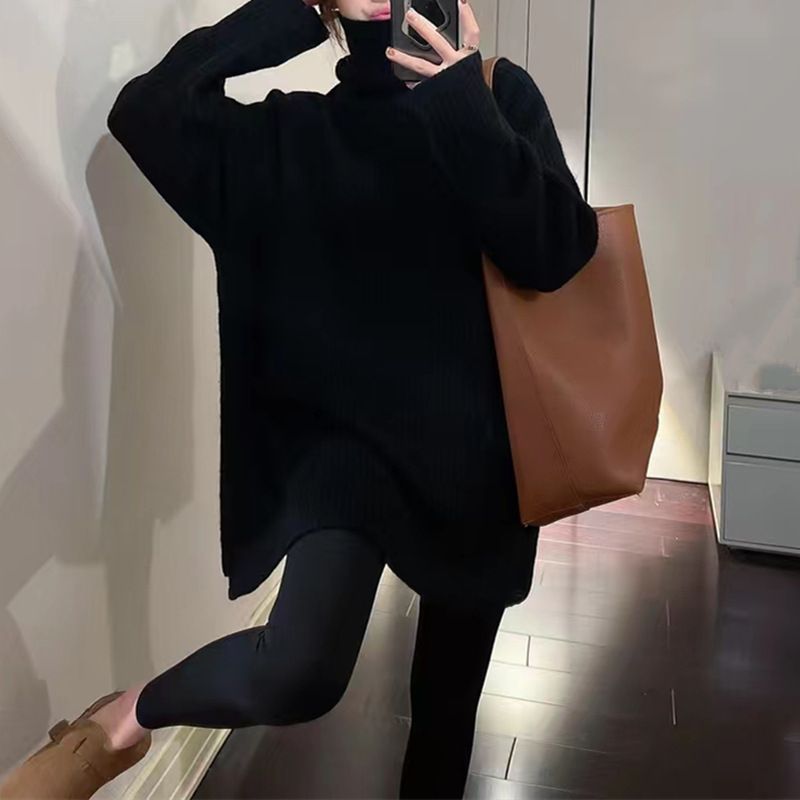 K Loose And Lazy Style Turtleneck Sweater For Women, New With Split Design, Pure Color Knitted Top. No Bag_ecoleips.com