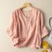 Spring And Summer Artistic Retro Cotton And Linen V-Neck T-Shirt, Half-Sleeve Loose, Comfortable, Plus-Size, Slimming, F_ecoleips.com