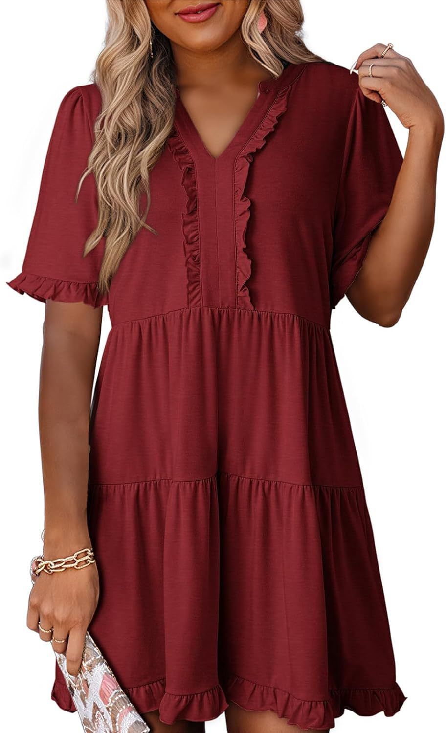 Women's Ruffled Short Sleeved V Neck Layered Maxi Skirt Four Way Stretch Spring Summer New Style Casual Elegant Dress_ecoleips.com