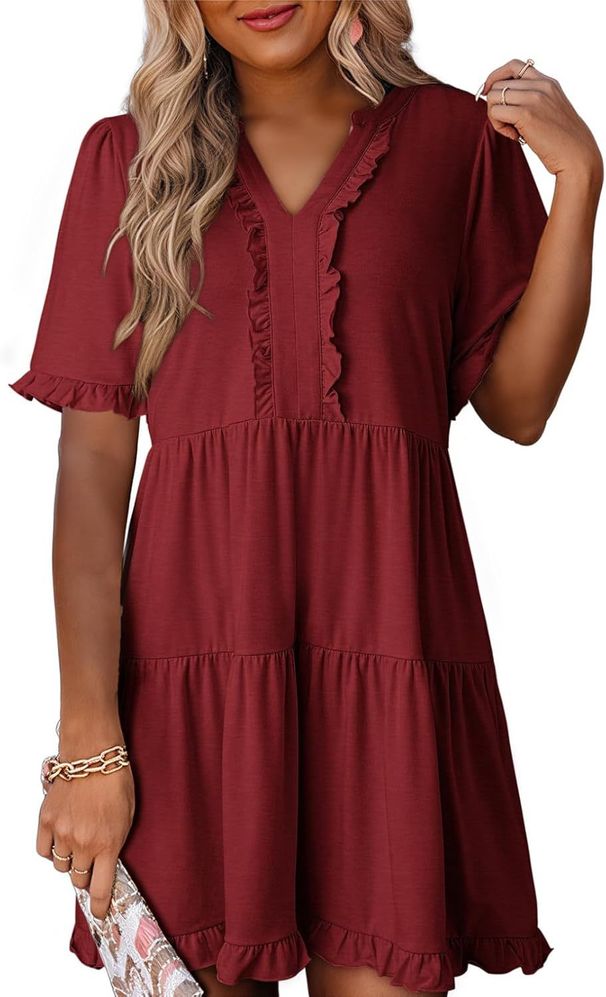 Women's Ruffled Short Sleeved V Neck Layered Maxi Skirt Four Way Stretch Spring Summer New Style Casual Elegant Dress_ecoleips.com