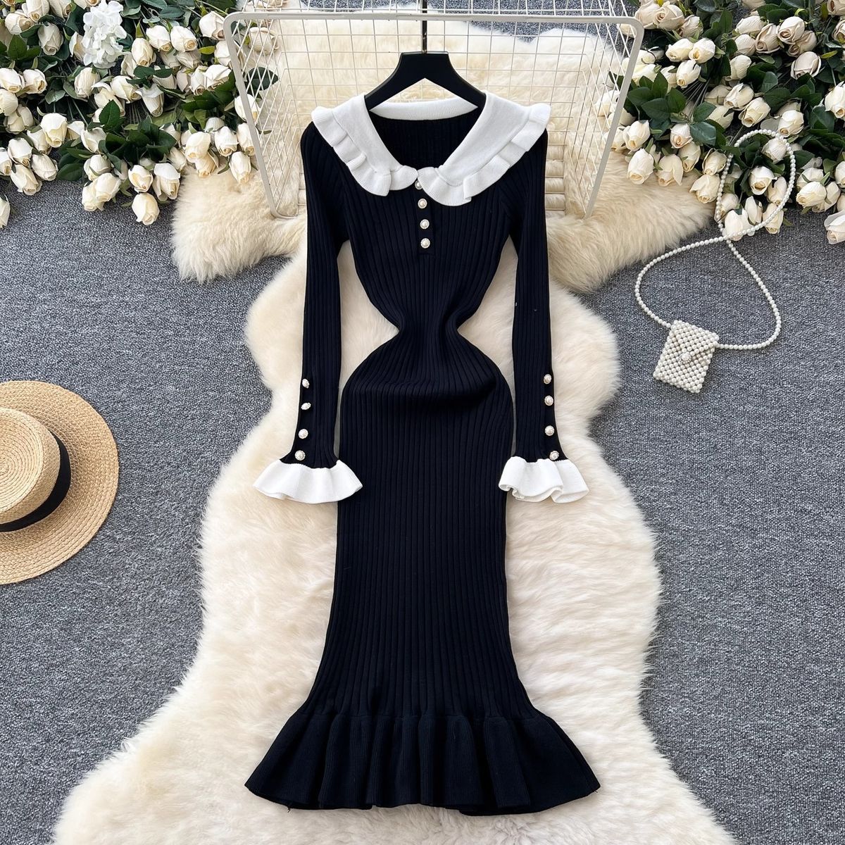 French Ruffle Hem Knit Dress With Contrast Peter Pan Collar – Elegant Long Sleeve Bodycon Dress_ecoleips.com