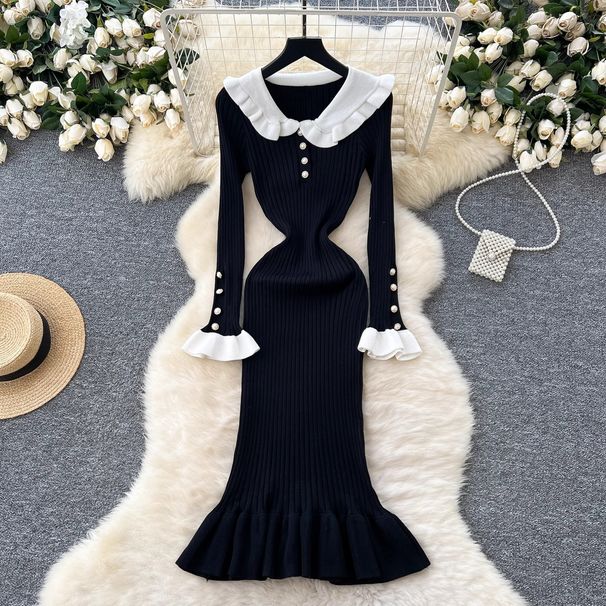 French Ruffle Hem Knit Dress With Contrast Peter Pan Collar – Elegant Long Sleeve Bodycon Dress_ecoleips.com