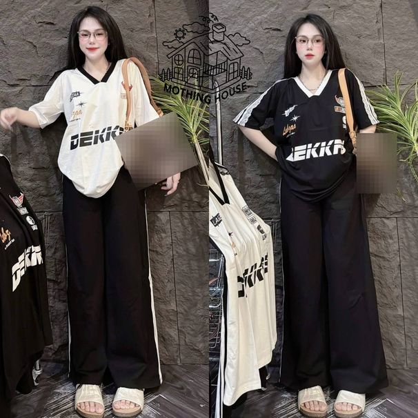 Women's Casual V-Neck Short Sleeve Top With Wide Leg Pants Set - American Style Loose Fit Outfit_ecoleips.com