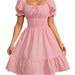 2026 Women Square Neck Short Sleeve Dress, Ruched Ruffled A Line Summer Fashion Dress_ecoleips.com