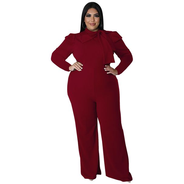 Plus Size Women's Jumpsuit Solid Color Long Sleeve Fashionable With Bow Clothing_ecoleips.com