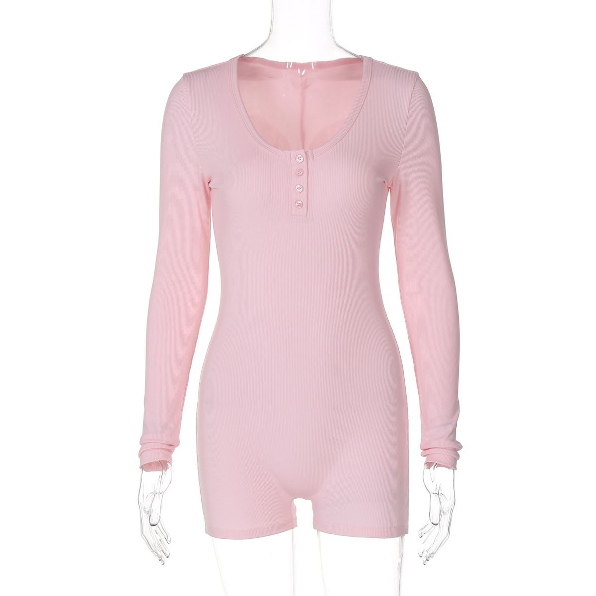 2025 Spring New European And American Style Ribbed Solid Color U-Neck Buttoned Tight-Fitting Sports Yoga Jumpsuit_ecoleips.com