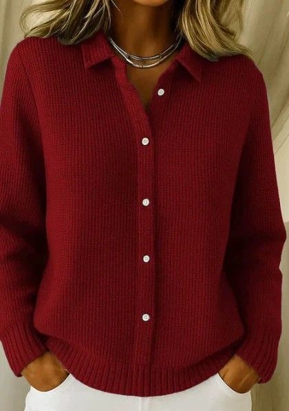 Button-Embroidered, Knitted Cardigan With Turned-Down Collar A Stylish Autumn/Winter Casual Women's Sweater In Solid C_ecoleips.com