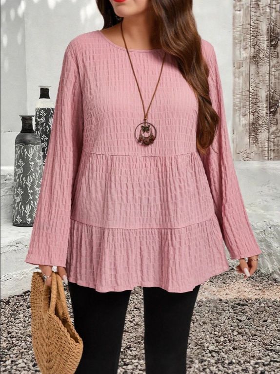 Elegant Plus Size Women's Casual T-Shirt - Soft Round Neck Long Sleeve Top In Pink & Dark Green (1xl-5xl)_ecoleips.com