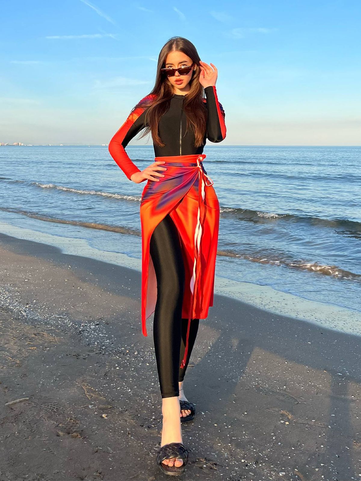 New Muslim Conservative Middle Eastern Solid Color Long Sleeved Trousers Sun Protection Beach Swimwear Three Piece Swimsuit European And American_ecoleips.com