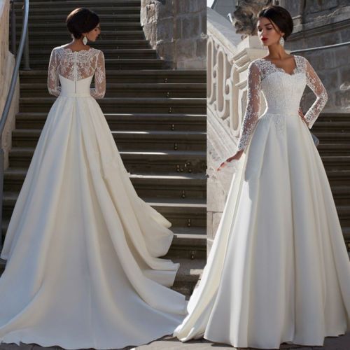 Women's V Neck Long Sleeved Wedding Dress Simple Train Slim Fit Spring New Style Brides Clothing_ecoleips.com