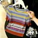 Summer New Women's Slim Fit Rainbow Striped Ice Silk Crew Neck Knitted Short Sleeve T-Shirt Top_ecoleips.com