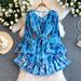 Floral Print Sweetheart Dress for Women with Bow Tie round Neck Flutter Sleeves Waist Tie Ruffled Hem Versatile Design_ecoleips.com