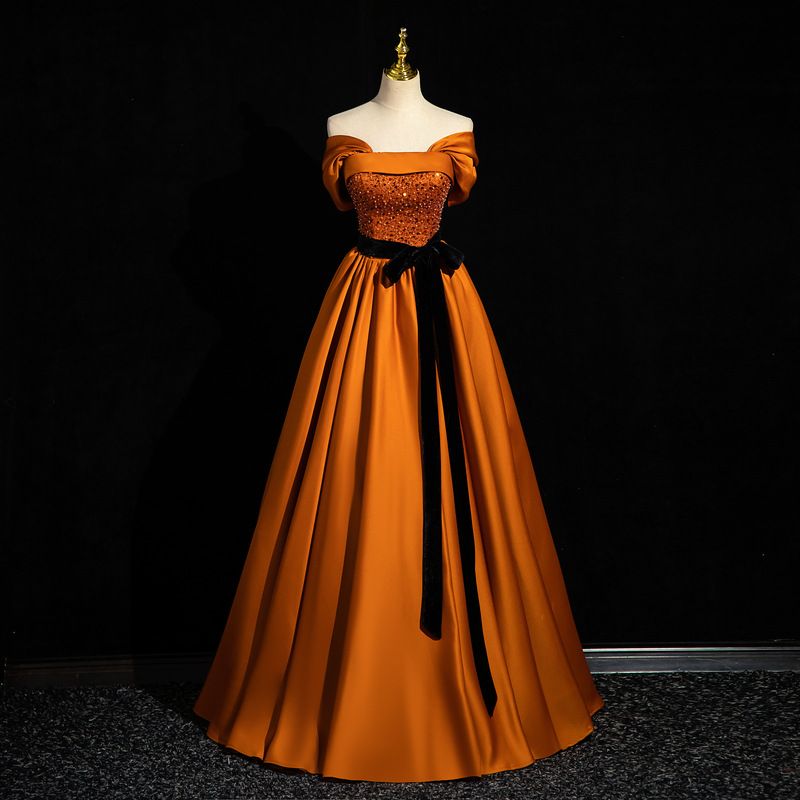 Women's Orange Long Dress Satin Off-Shoulder Solo Singing Tutu Evening Gown For Music Exam And Annual Meeting_ecoleips.com