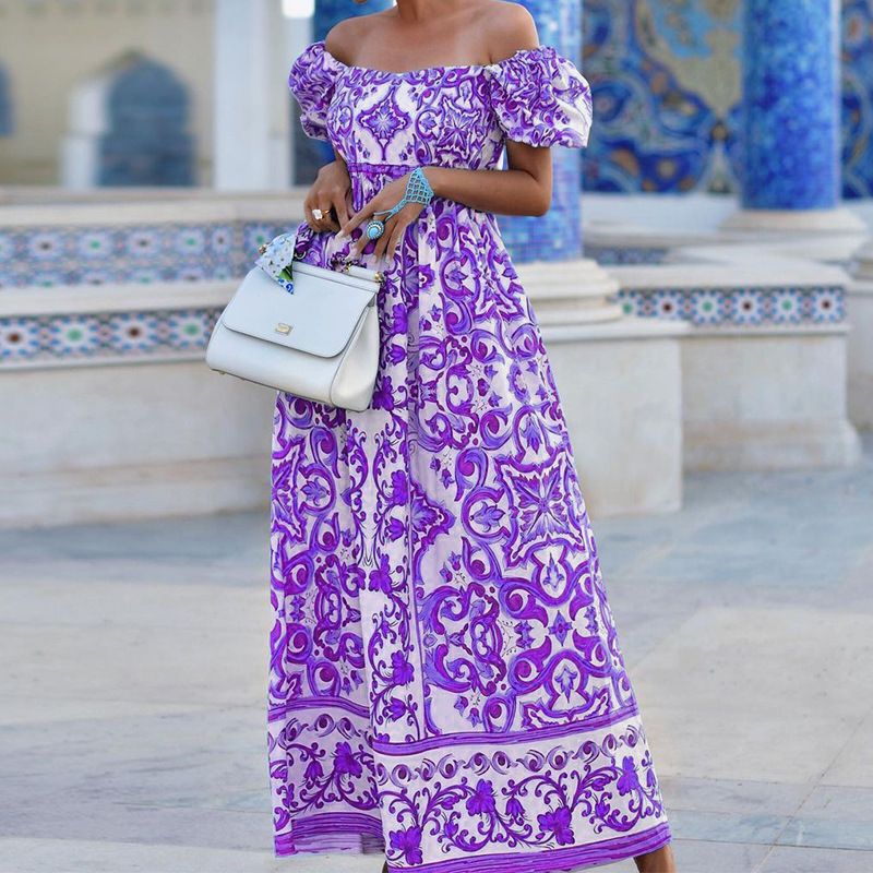 Women's Clothing Spot Women's Summer Hot Sale Fashion Short Sleeved One Shoulder Bohemian Print Dress_ecoleips.com