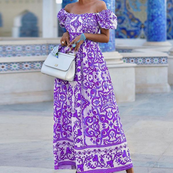 Women's Clothing Spot Women's Summer Hot Sale Fashion Short Sleeved One Shoulder Bohemian Print Dress_ecoleips.com
