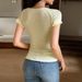Voya Women's Lace Patchwork Square Neck Short Sleeved T-shirt, Women's Yellow Sweet Slim Fit Base Shirt, Yellow Short Top_ecoleips.com