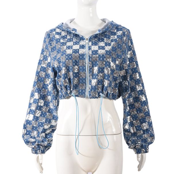 Women's Plaid Sequin Hooded Jacket – Long Sleeve Stylish Short Coat For Casual & Party Wear (Sizes S-L)_ecoleips.com