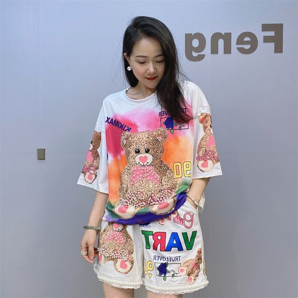 Women's Clothing Beaded Cartoon Bear Shorts Casual Suit Women's Summer Loose Printed Short Sleeved T Shirt Two Piece Suit_ecoleips.com