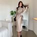 Korean Chic Women's Knitted Dress Autumn Winter Retro High Collar Color Block Mid-Length Slim Fit Strappy Niche Fashion_ecoleips.com