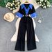 Elegant French-Inspired V-Neck Short Sleeve Jumpsuit With Contrast Color & Waist Belt - Flowy Wide Leg Pants For Women, Summer Retro Chic Outfit_ecoleips.com
