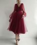 Elegant V-Net Long Sleeve Dress – Flowy Bubble Sleeve Mesh Gown With Waist Tie (4 Colors, Slim Fit, Versatile For Date Night & Cocktail Party, S-XL)_ecoleips.com