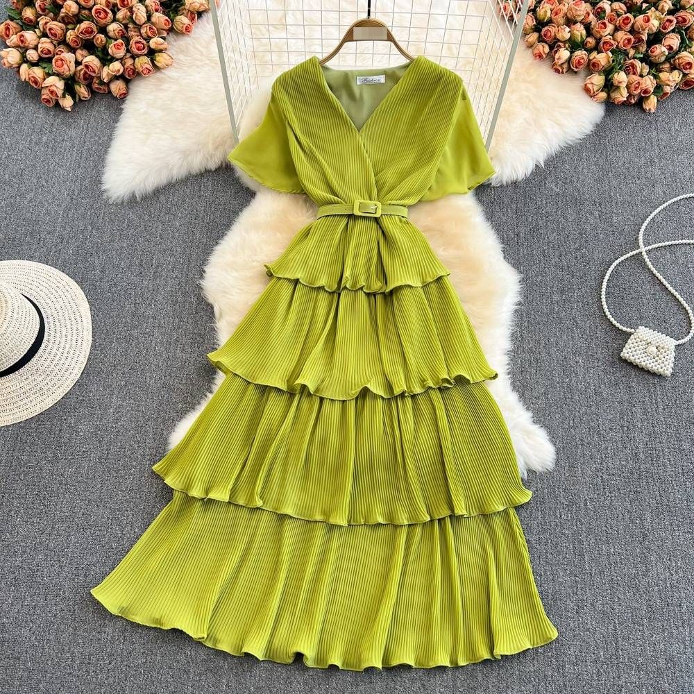 Vintage-Inspired Women's High Waist Tiered Maxi Dress V-Neck Elegant Beach Casual Wear Flowy Skirt Multiple Colors One Size Fits Most_ecoleips.com