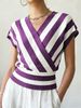 Women Soft Skin-Friendly Breathable Striped Knit Top Wrap V Neck Cap Sleeve Loose Waist Cinch Cropped Knit Blouse_ecoleips.com