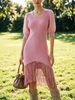 Breathable V Neck Chiffon Puff Sleeve Fringe Hem Loose Rib Knit Dress_ecoleips.com