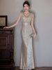 Elegant Silver Sequin Fringe Evening Gown, Mermaid Tail Dress For Formal Banquets, Hosting, Gala Dinners, Pageants_ecoleips.com