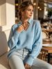 Split V Neck Long Knit Top, Soft Skin-friendly Jumper_ecoleips.com