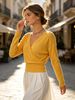 Women Cross Wrap V Neck Ribbed Knit Top Loose Long Sleeve Lightweight Hollow Texture Breathable Skin-friendly Cropped Knit Blouse_ecoleips.com