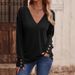 2025 Autumn/Winter New Solid Color V-neck Loose Long Sleeve Button Women's T-shirt_ecoleips.com