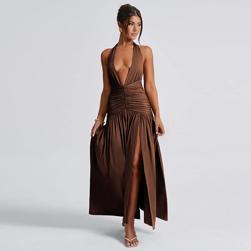 Women's Clothing Temperament Halter Neck V Neck Long Skirt Sexy Slit Pleated Backless Dress_ecoleips.com