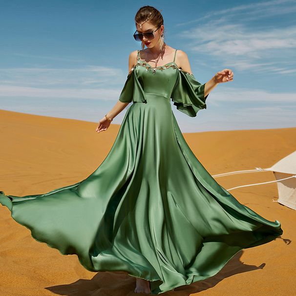 Women's clothing green sexy suspender hand-stitched diamond dress Middle Eastern party dress Arabian long dress_ecoleips.com
