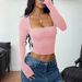 Square Neck Long Sleeve Bodycon Tee Y2K Streetwear Staple Stretchy Rayon Spandex Blend Trendy Cropped Fit Women's Top Black Pink White Khaki_ecoleips.com