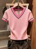 Elegant Women's Color Block V Neck T-Shirt French Style Ice Silk Knit Slim Fit Short Sleeve Top For Spring/Summer_ecoleips.com