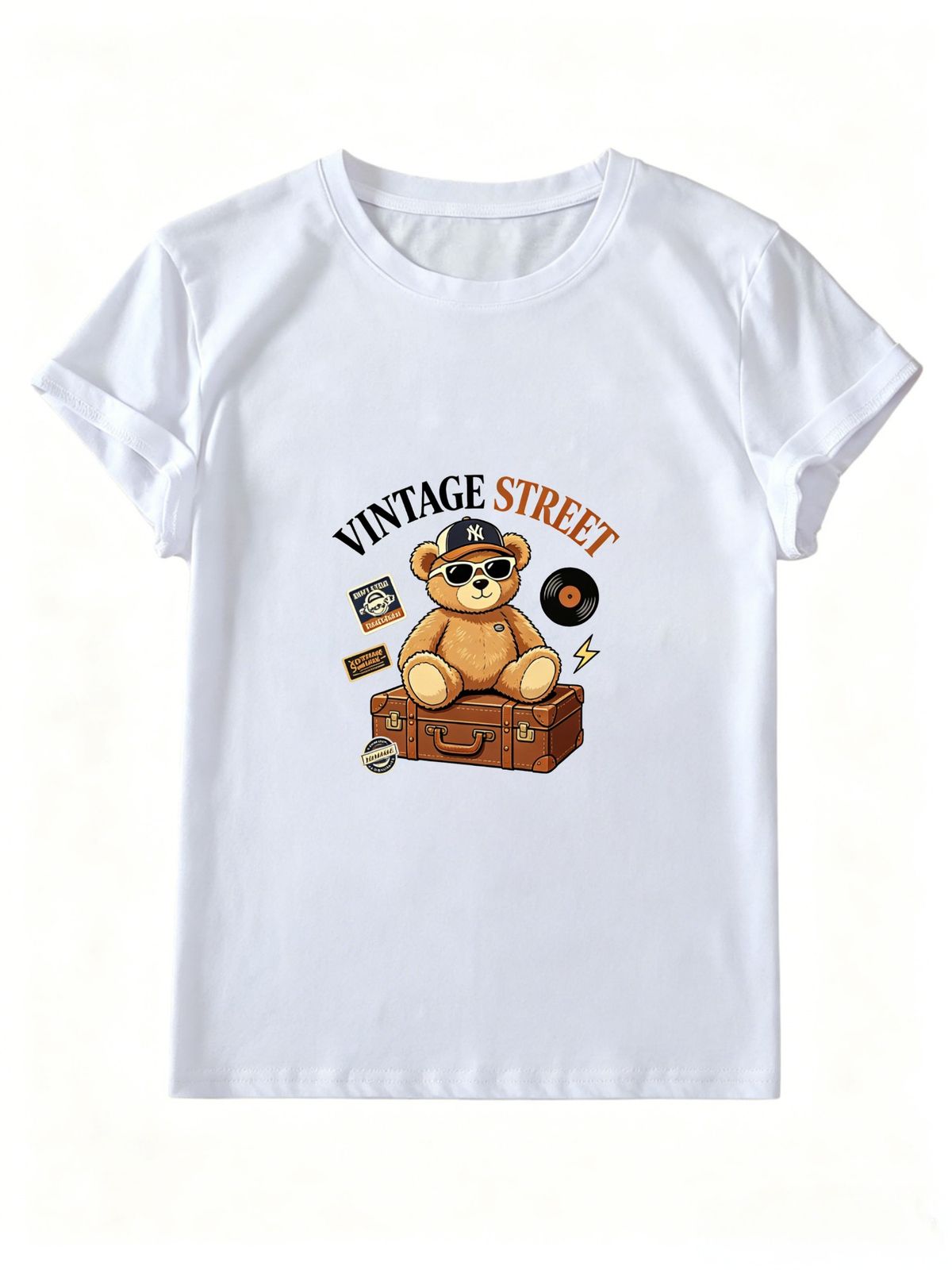 Women Summer Crew Neck Short Sleeve T-Shirt, Vintage Street Travel Bear Vinyl Record Suitcase Graphic Casual White Loose Streetwear Tee Top_ecoleips.com