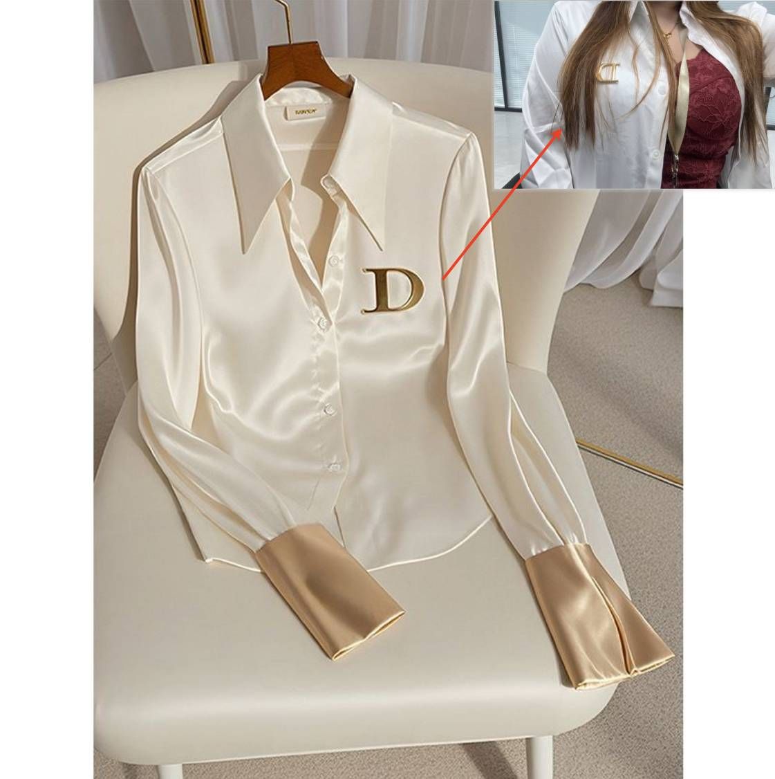 Elegant Women's Blouse With Monogram, Long Sleeves With Metallic Accents And Zipper Details Office Wear For Work And Formal Occasions_ecoleips.com
