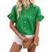 Women's Casual Pleated Shirt Short Sleeved Solid Color Cotton Linen Stand Collar Button-Up Top_ecoleips.com