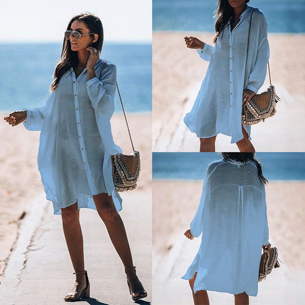 Women's Lightweight Chambray Shirt Cover-Up – Beach Dress, Swimwear Wrap, Sun Protection Top, Casual Loose Fit Tunic_ecoleips.com