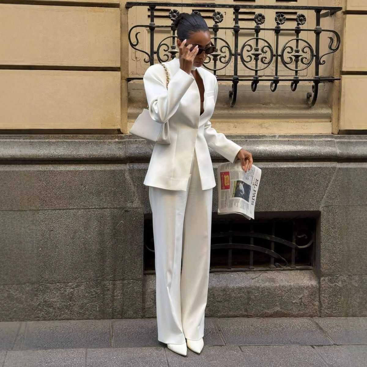 Women's Autumn Office Outfit Set Long Sleeve Jacket with Scarf Collar Wide Leg Pants White Casual Business Workwear_ecoleips.com