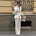 Women's Autumn Office Outfit Set Long Sleeve Jacket with Scarf Collar Wide Leg Pants White Casual Business Workwear_ecoleips.com