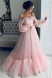 One-Shoulder Mesh Wedding Dress – Elegant Long Sleeve Gown With Full Skirt (Pink/Yellow/Blue, S-XXL)_ecoleips.com