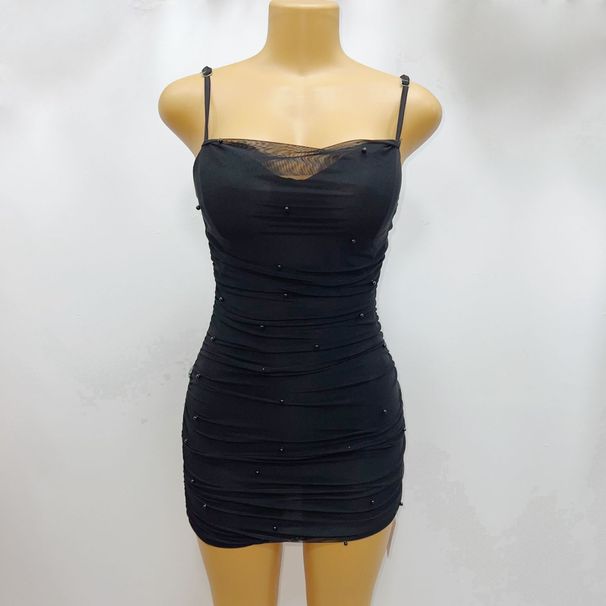 Women's European American Style Stretch Mesh Short Dress Sexy Slim Fit with Pearl Suspender_ecoleips.com